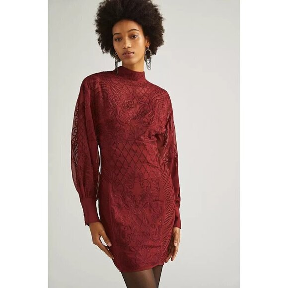 Anthropologie Lace Mini Long Sleeve Dress Wine Red NWT 12 Romantic - Picture 1 of 10